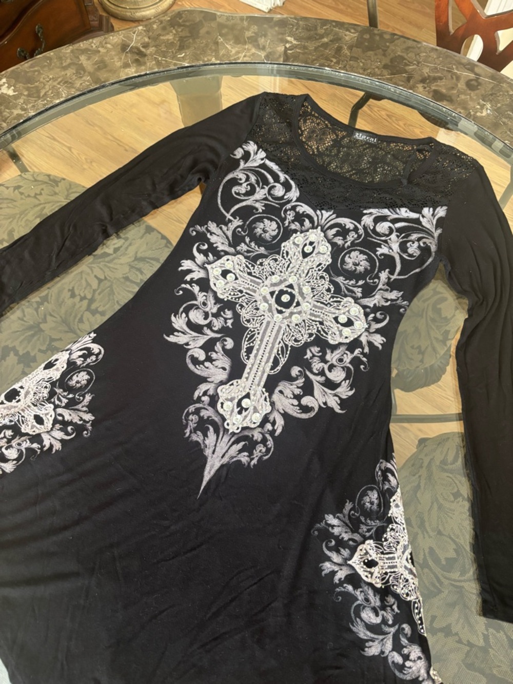 Vocal Cyber Y2K Grunge Rhinestone Long-Sleeve Tunic w/ White Ornate Cross Print - Picture 2 of 4